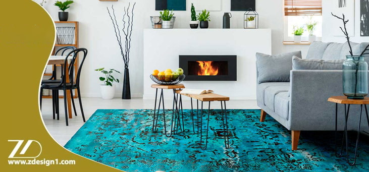 ست مبل طوسی و فرش آبی روشن