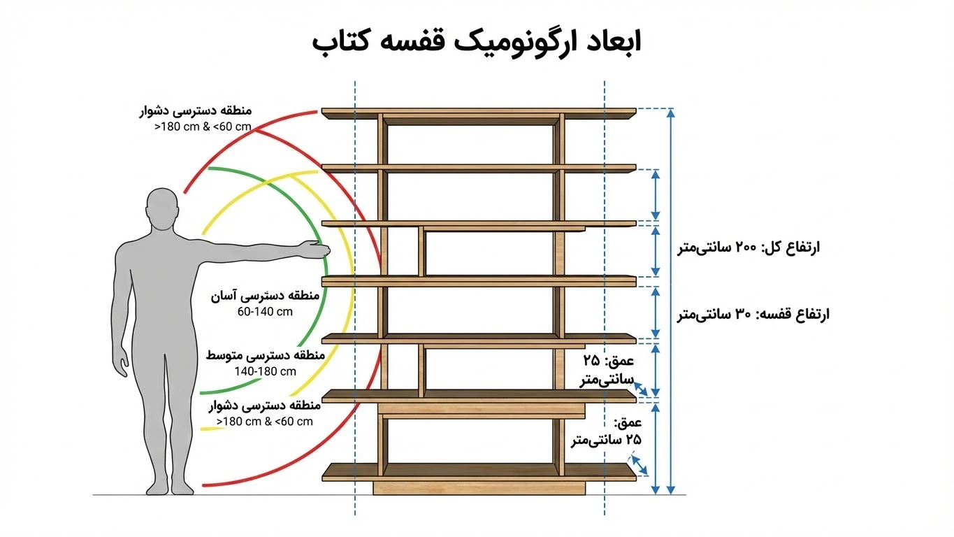 ابعاد استاندارد قفسه کتابخانه و اصول ارگونومی