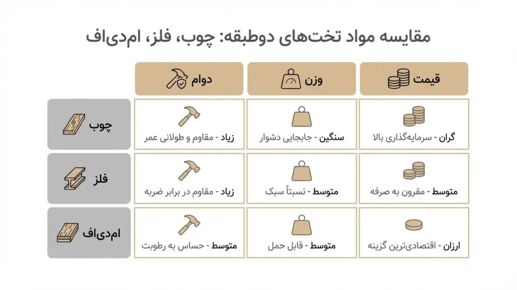 مقایسه تطبیقی متریال‌های اصلی در ساخت تخت دو طبقه