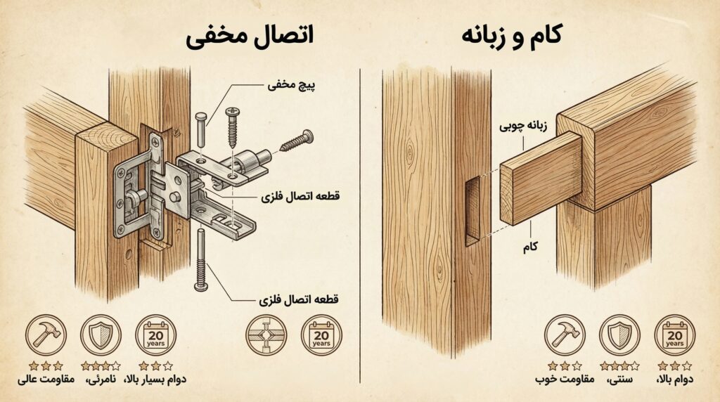 انواع اتصالات و استحکام استند لباس چوبی