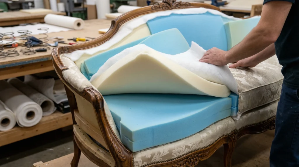 زیرسازی و رویه‌کوبی؛ راز راحتی مبل کویین فرانسوی