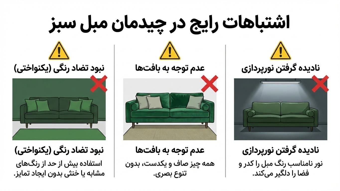 اشتباهات رایج در چیدمان مبل سبز رنگ