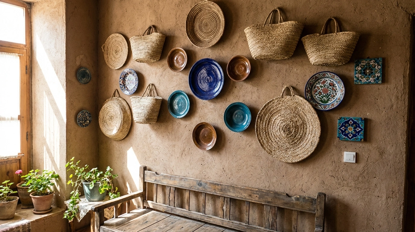 تزیینات سنتی با صنایع دستی و بشقاب‌های حصیری