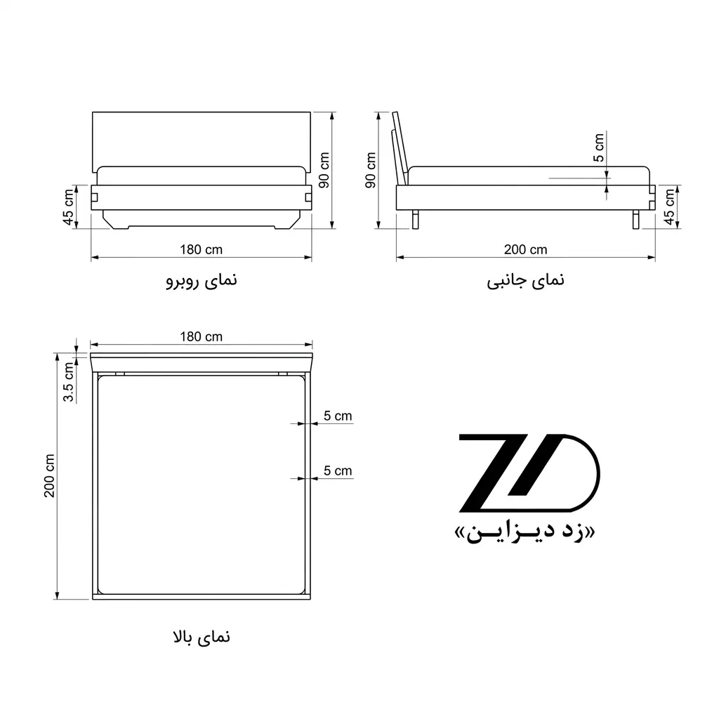 نقشه فنی تخت خواب چوب گردو کد TG10/200