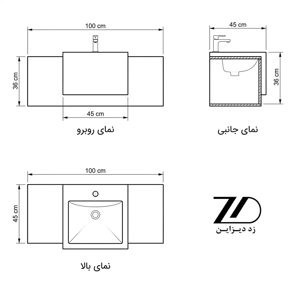 نقشه فنی روشویی دیواری سرامیکی