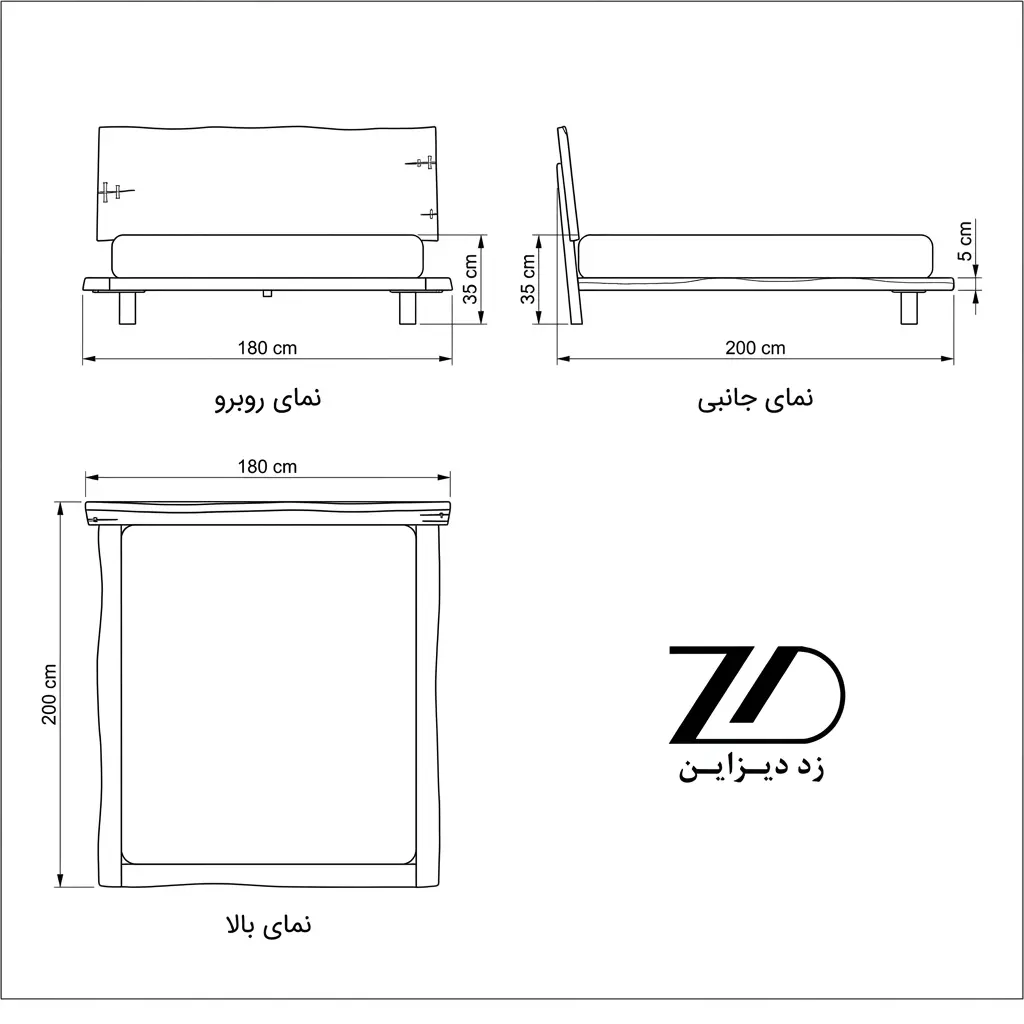 نقشه فنی تخت چوبی روستیک دونفره