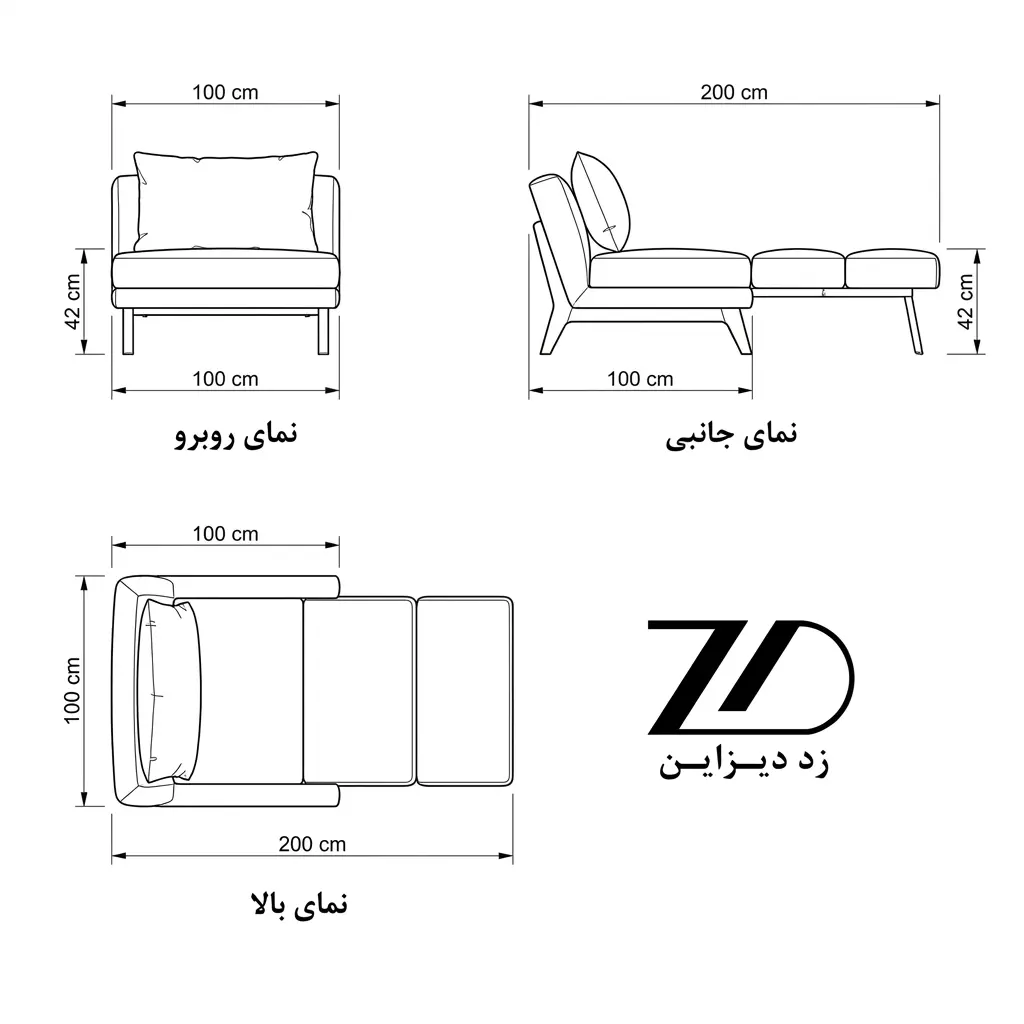 نقشه فنی مبل تک نفره تختخواب شو مدل دیانا