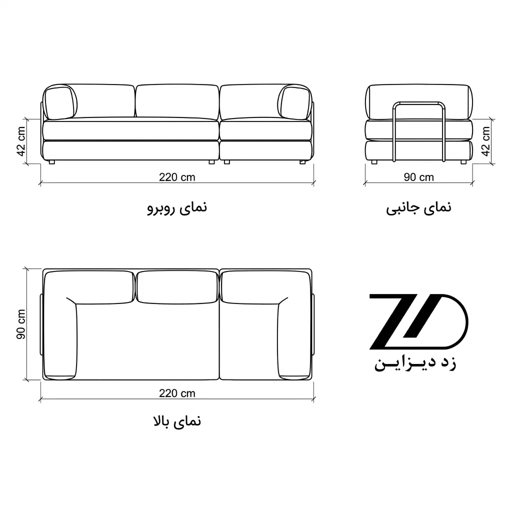 نقشه فنی مبل تخت خواب شونده مدل تدی